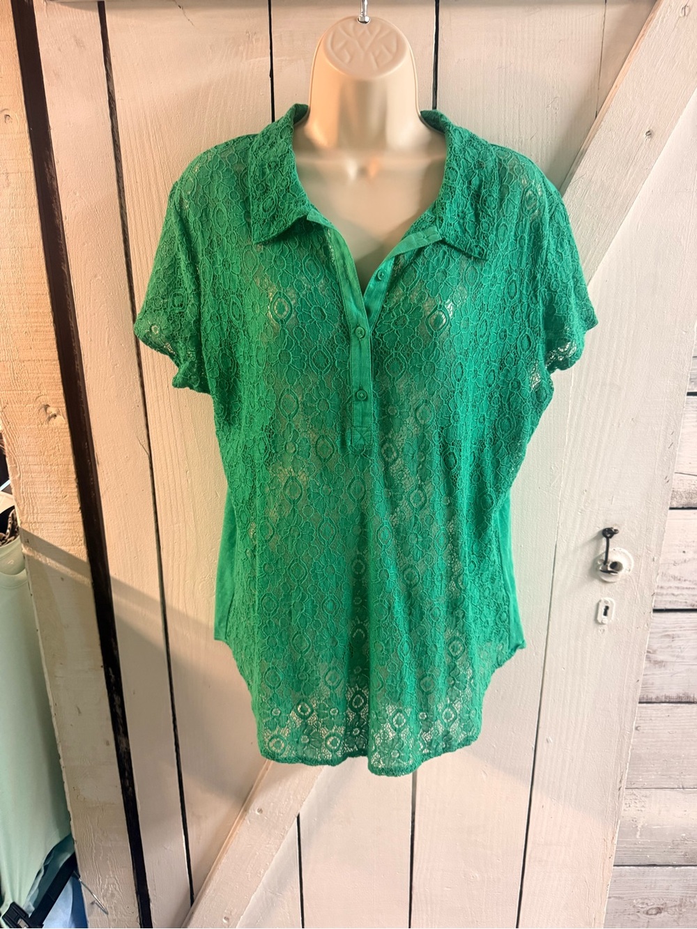 Van Heusen Emerald Green Lace Short-Sleeve Button Front Blouse